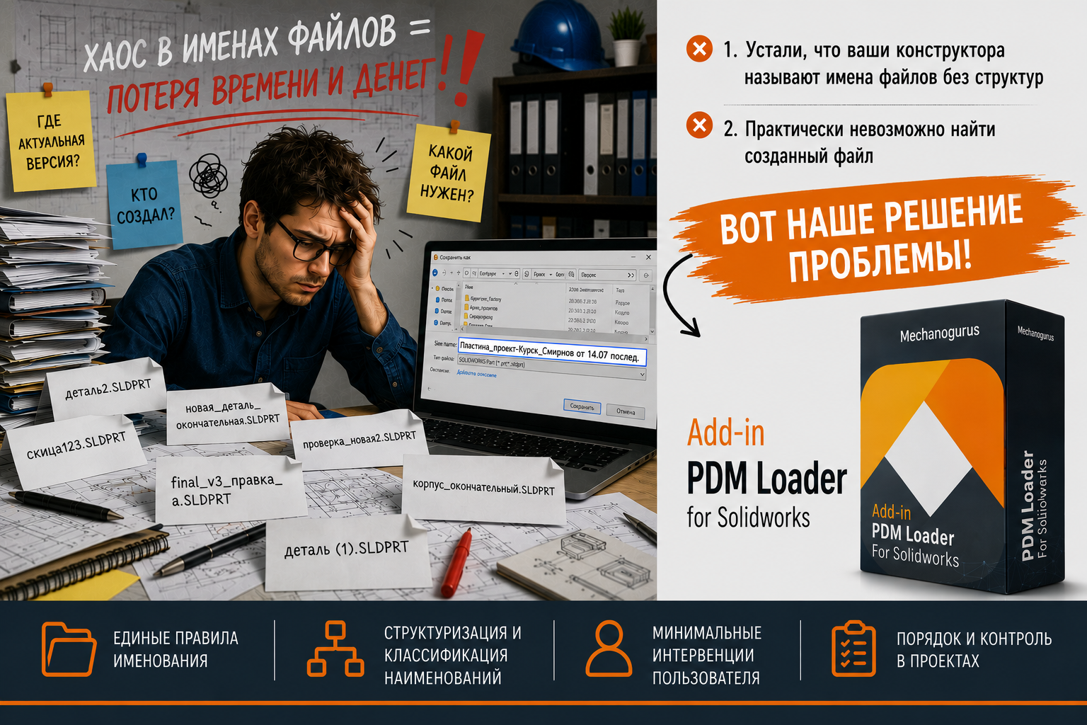 Add-in PDM Loader for Solidworks — Mechanogurus. Хаос в именах файлов = потеря времени и денег. Наведите порядок в данных SOLIDWORKS.